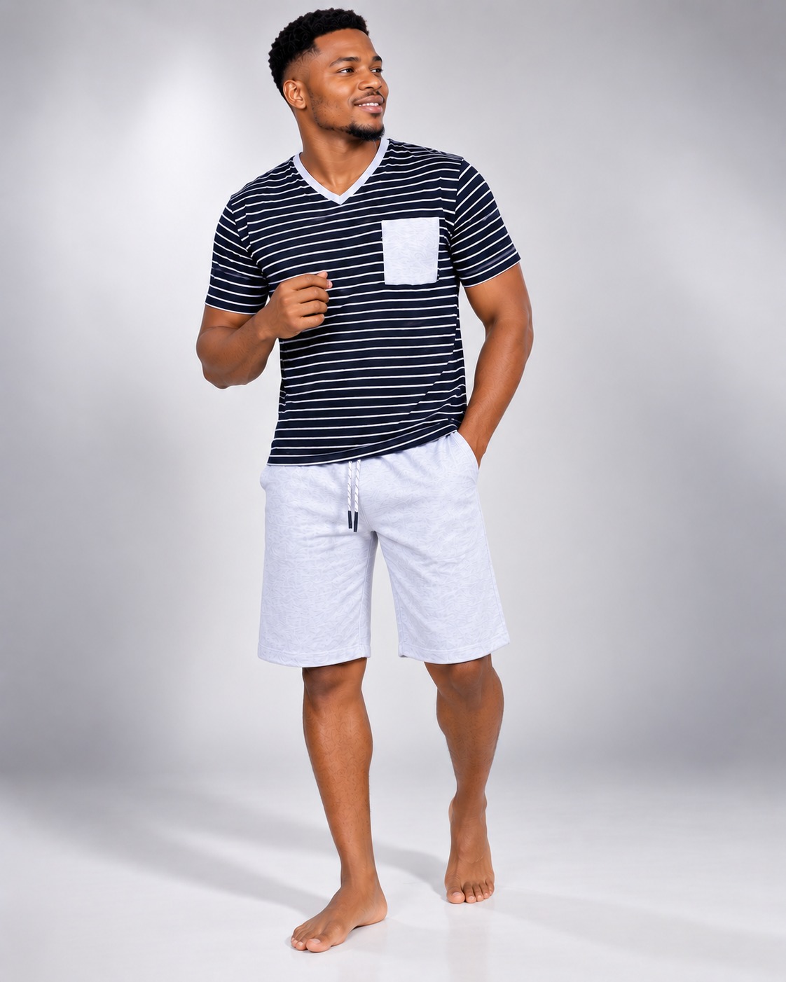 Ensemble Pyjama Homme T-shirt Rayé Marine & Short Gris